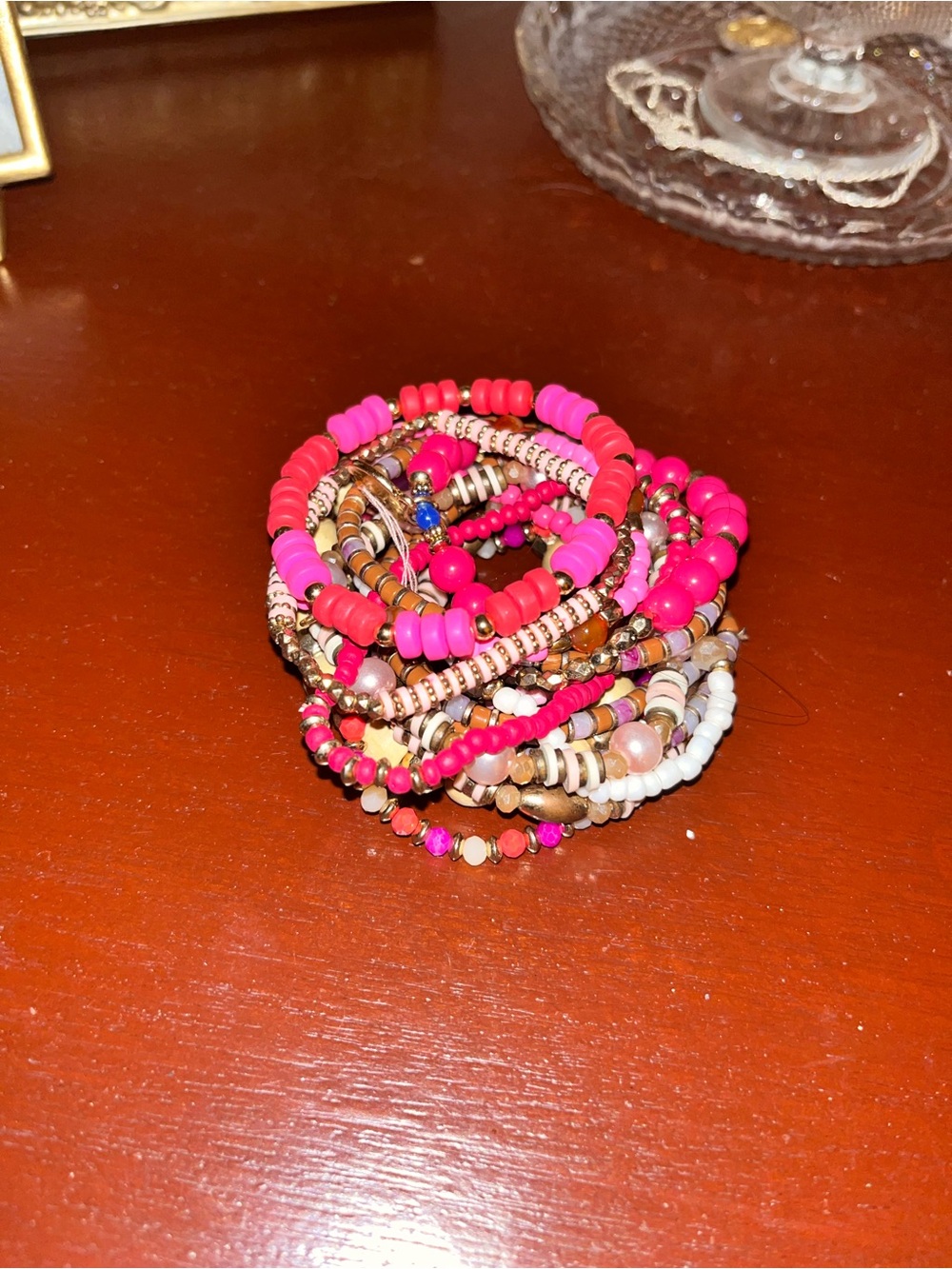 Frances Valentine Pink, Hot Pink & Gold Layered Beaded Bracelet Stack - Picture 3 of 3